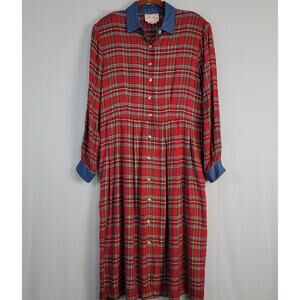 Vintage Plaid Pleated Button Front Midi Dress size 12P Red Contrast Collar 90s